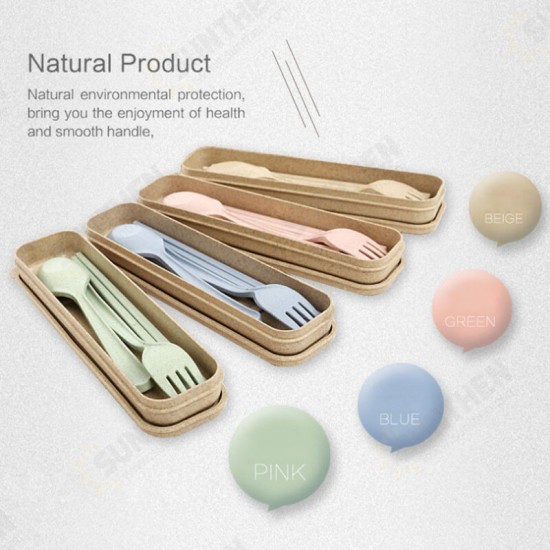 Portable Chopstick Fork Spoon Three-piece Eco-friendly Travel Picnic Wheat Straw Tableware Set with Carrying Box