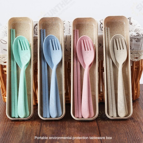 Portable Chopstick Fork Spoon Three-piece Eco-friendly Travel Picnic Wheat Straw Tableware Set with Carrying Box