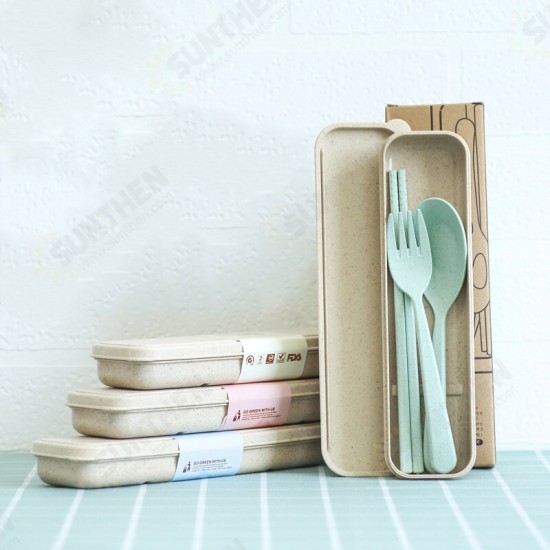 Portable Chopstick Fork Spoon Three-piece Eco-friendly Travel Picnic Wheat Straw Tableware Set with Carrying Box