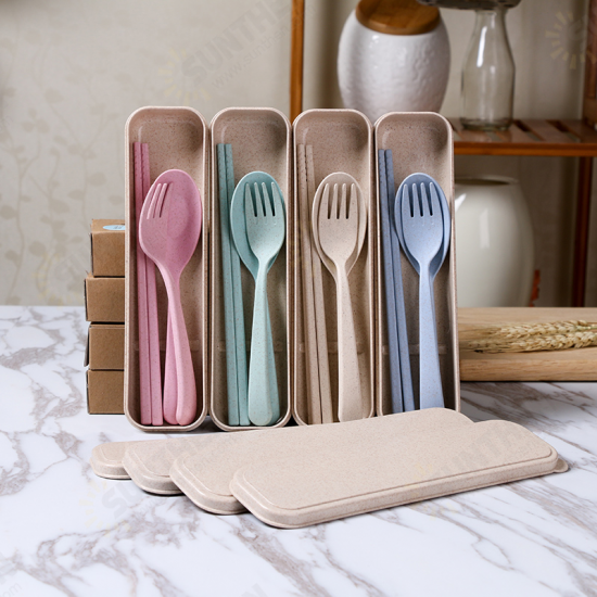 Portable Chopstick Fork Spoon Three-piece Eco-friendly Travel Picnic Wheat Straw Tableware Set with Carrying Box