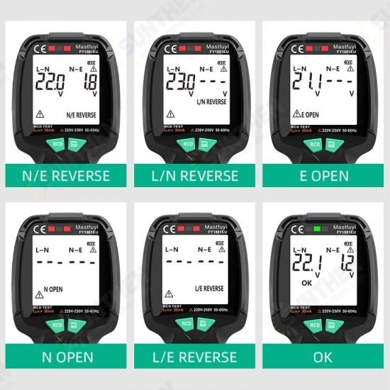 FY1881 30V-250V Digital Smart Socket Tester Voltage Test Socket Detector ENull Line Phase Check RCD Test Data Storage