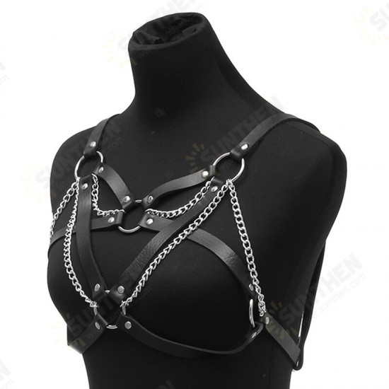 Goth Leather Body Harness Metal Chains Necklace Women Bra Top Chest Chain Belt Witch Gothic Punk Fashion Girl Festival Jewelry