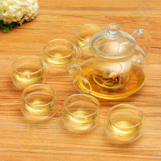 Borosilicate Glass Tea Pot Set Heat-resistant Teapot Warmer 6 Double Wall Tea Cups