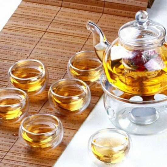 Borosilicate Glass Tea Pot Set Heat-resistant Teapot Warmer 6 Double Wall Tea Cups