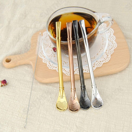 KC-STR15 3 in 1 Multifunction Stainless Steel Filtering Drink Straw Tea Spoon Tea Filter Milks