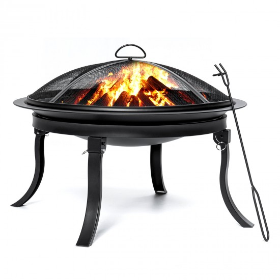 24inch Portable Fire Pits Steel Wood Burning Firepit with BBQ Grill Fire Bowl Poker