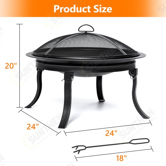 24inch Portable Fire Pits Steel Wood Burning Firepit with BBQ Grill Fire Bowl Poker