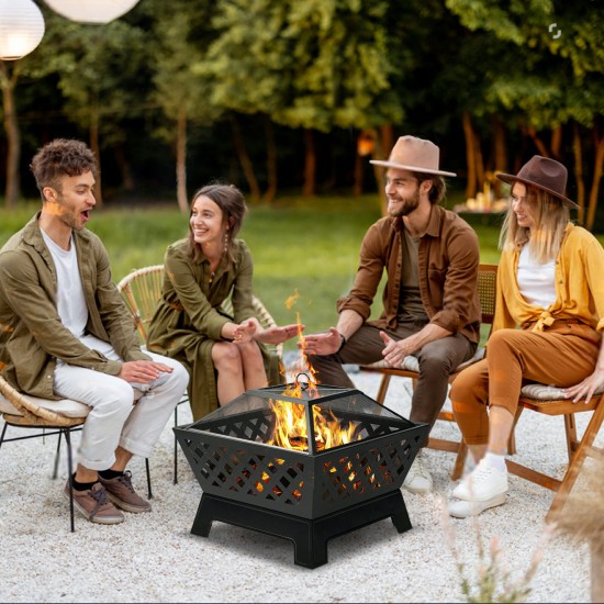 26 Inch Fire Pits Large Wood Burning Square Firepit with Ash Plate Spark Screen Log Grate Poker