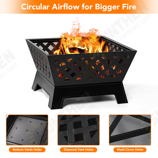 26 Inch Fire Pits Large Wood Burning Square Firepit with Ash Plate Spark Screen Log Grate Poker