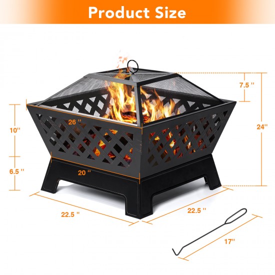 26 Inch Fire Pits Large Wood Burning Square Firepit with Ash Plate Spark Screen Log Grate Poker