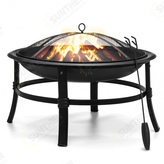 26 inch Fire Pit Wood Burning Small Heavy Duty Steel Firepit with Spark Screen Log Grate Poker