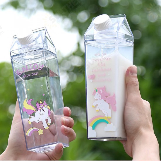 Portable Cup Novelty Milk Carton Shaped Cartoon Unicorn Printed Water Bottle