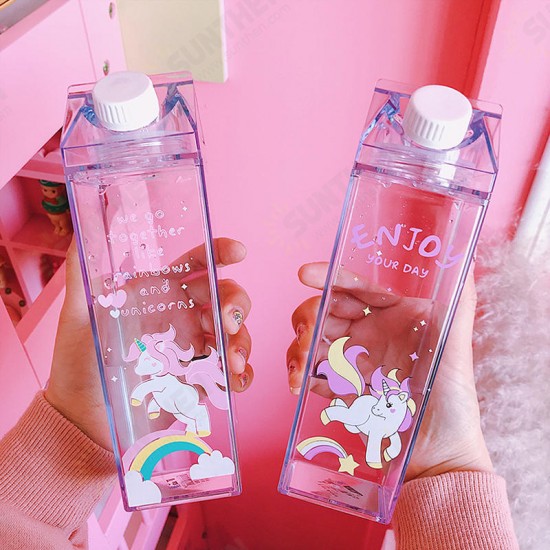 Portable Cup Novelty Milk Carton Shaped Cartoon Unicorn Printed Water Bottle