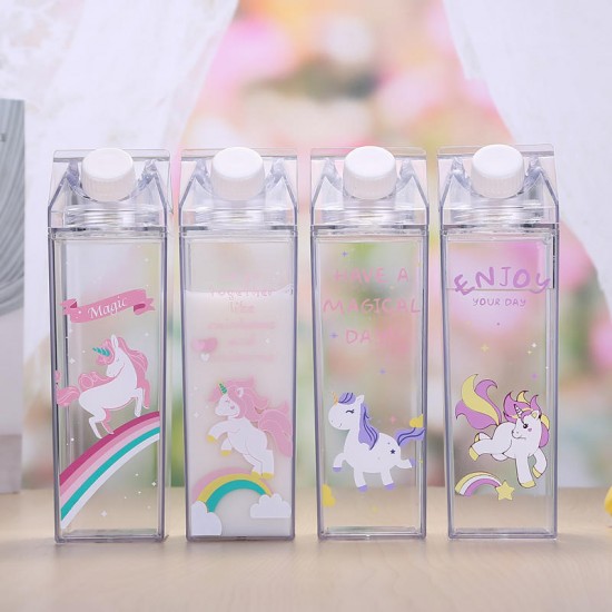 Portable Cup Novelty Milk Carton Shaped Cartoon Unicorn Printed Water Bottle