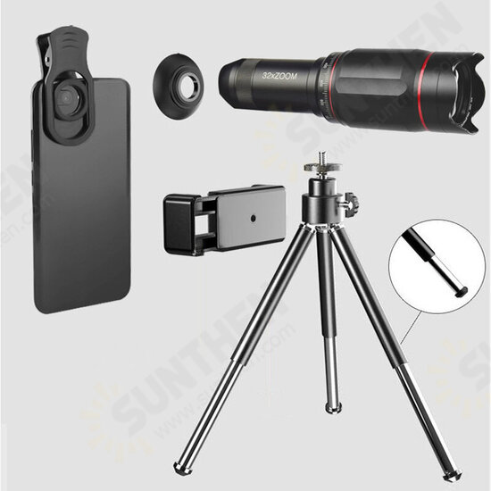 32X Metal Monocular Telescop Set Professional Telephoto Zoom Outdoor Camping Retractable With Tripod Phone Clip Supports Smartphone