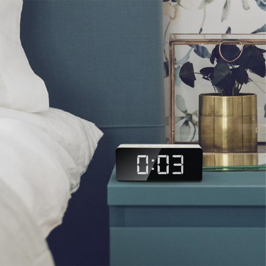 LED Alarm Clock Make-Up Mirror & Night Light Table Clock with Digital Thermometer