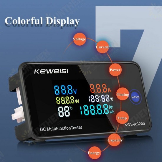 KWS-DC200 0-200V 0-100A DC Digital Display Voltage and Current Meter Color Screen Power Tempterature Tester Timer