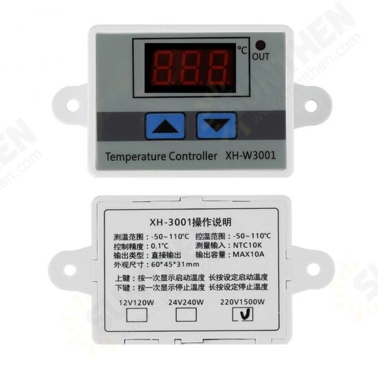 XH-W3001 10A 12V 24V 220V AC Digital LED Temperature Controller for Incubator Cooling Heating Switch Thermostat NTC Sensor