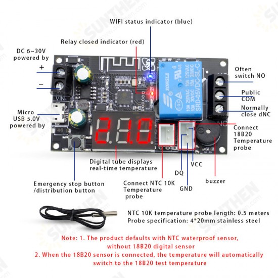 XY-WFTX WIFI Remote Thermostat High Precision Temperature Controller Module Cooling and Heating APP Temperature Collection