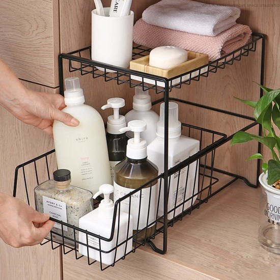 2 Tier Kitchen Cabinet Organizer Slides Under Holder Storage Rack Shelf Basket