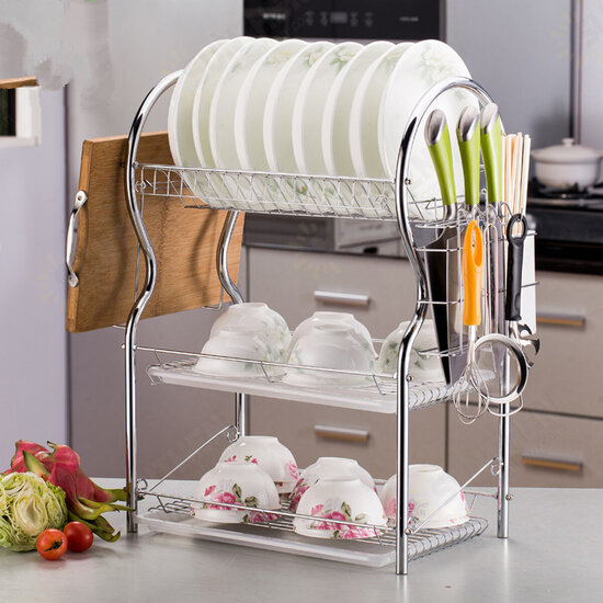 3 Layer Stainless Steel Kitchen Dish Rack Cup Drying Drainer Tray Cutlery Holder