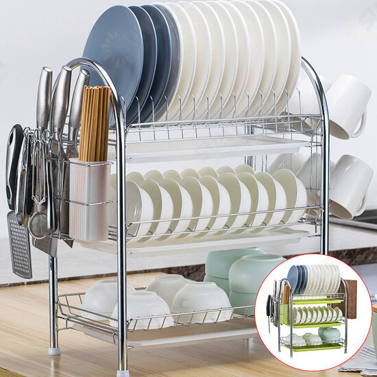 3 Tiers Dish Plate Cup Drying Rack Organizer Drainer Storage Holder For Kitchen