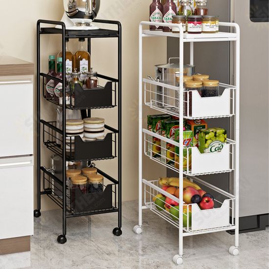 4 Tier White/Black Metal Rolling Utility Cart Trolley Storage Shelf Kitchen Rack