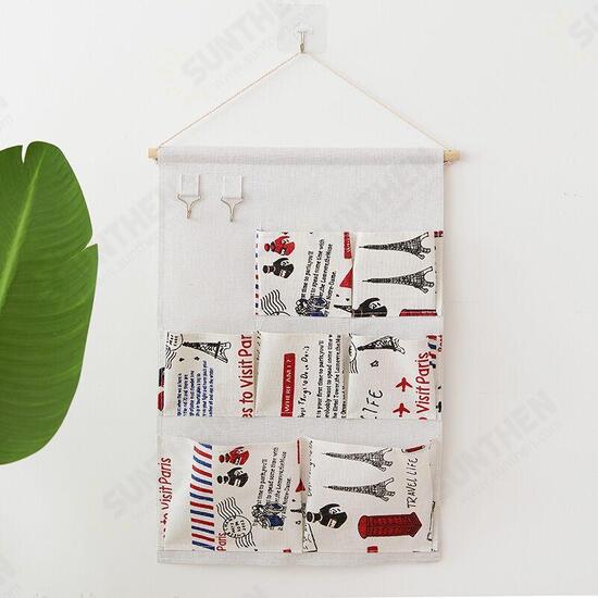 Cotton Linen Waterproof Wall Hanging Storage Bag Cartoon Printed Organizer Decor