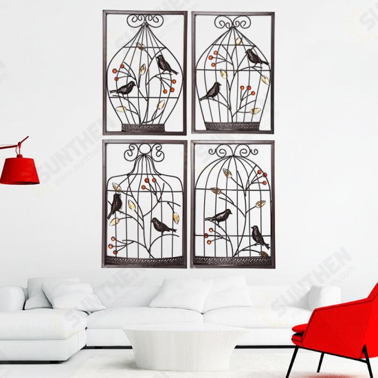 Jeweled Birds Tree Birdcage Sculpture Iron Wrought Hanging Wall Art Decorations Framed