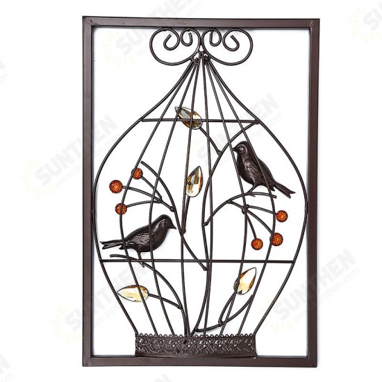 Jeweled Birds Tree Birdcage Sculpture Iron Wrought Hanging Wall Art Decorations Framed