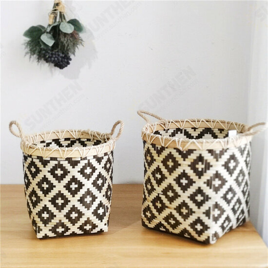 Large Capacity Storage Baskets Woven Bamboo Storage Bucket Handle Flower Pot Vase Toy Holder Household Organizer