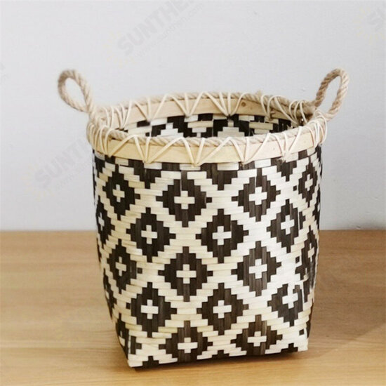 Large Capacity Storage Baskets Woven Bamboo Storage Bucket Handle Flower Pot Vase Toy Holder Household Organizer