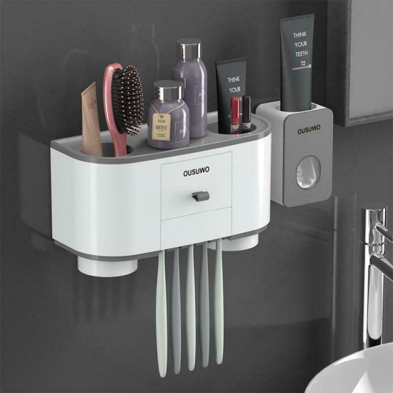 Magnetic Adsorption Toothbrush Holder With Cup Wall Mount And Washing Storage Storage Baskets