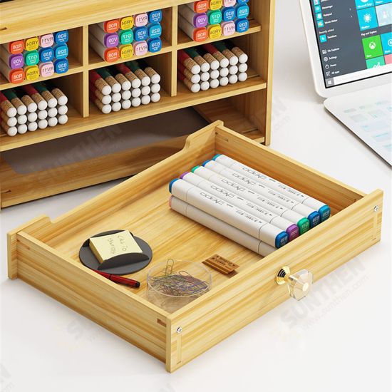 Pen Holder Wooden Pencil Storage Holder Study Home Office Case Rack Drawer