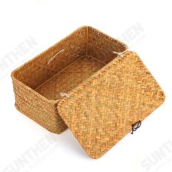Storage Box Rectangular Straw Flower Basket with Cover Home Garden Fruit Clothes