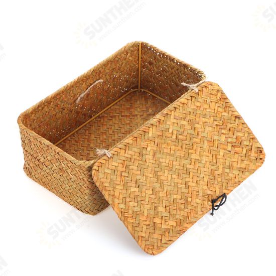 Storage Box Rectangular Straw Flower Basket with Cover Home Garden Fruit Clothes Storage Box Rectangular Straw Flower Basket with Cover Home Garden Fruit Clothes
