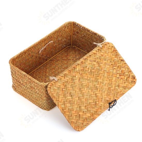 Storage Box Rectangular Straw Flower Basket with Cover Home Garden Fruit Clothes