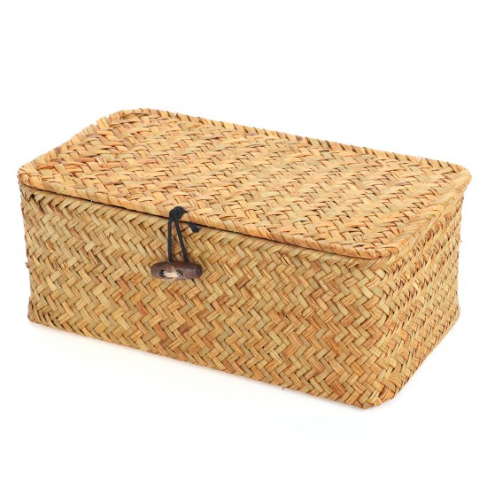 Storage Box Rectangular Straw Flower Basket with Cover Home Garden Fruit Clothes