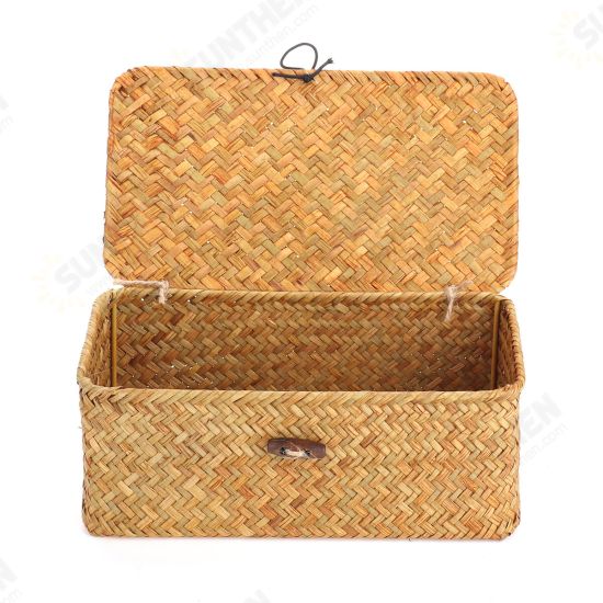 Storage Box Rectangular Straw Flower Basket with Cover Home Garden Fruit Clothes