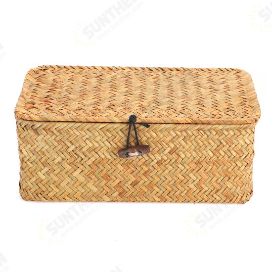 Storage Box Rectangular Straw Flower Basket with Cover Home Garden Fruit Clothes