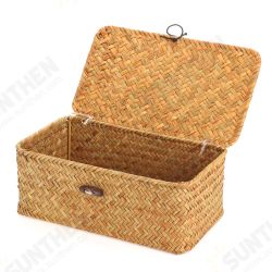 Storage Box Rectangular Straw Flower Basket with Cover Home Garden Fruit Clothes