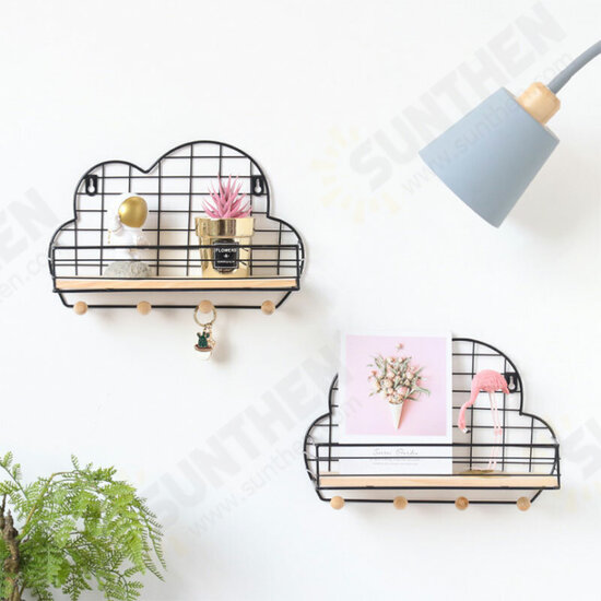 Wall Mounted Shelf Metal Wire Rack Storage Unit With Hooks Key Basket Hanger