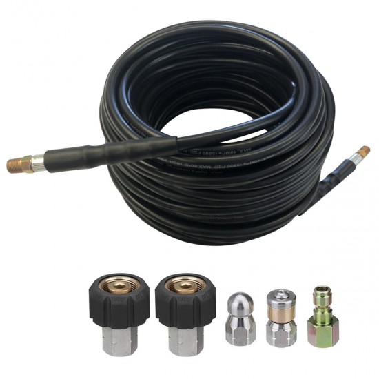 30M 1/4'' M-NPT Hose Sewer Line and Drain Jetter Kit W/Sewer Nozzle&Adapter 