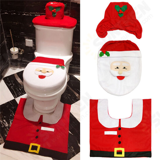 3pcs Christmas Xmas Decoration Santa Toilet Seat Cover + Rug Bathroom Mat Set Floor Mat