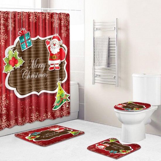 Christmas Santa Claus Waterproof Shower Curtain Set Bath Mat Set Toilet Cover