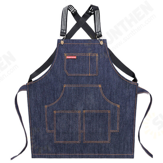 Denim Kitchen Cooking Apron Adjustable Cotton Strap Large Pockets Blue Barista Men and Women Homewear