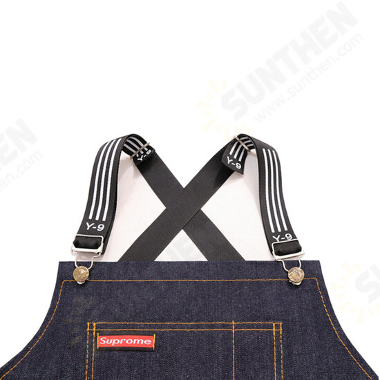 Denim Kitchen Cooking Apron Adjustable Cotton Strap Large Pockets Blue Barista Men and Women Homewear