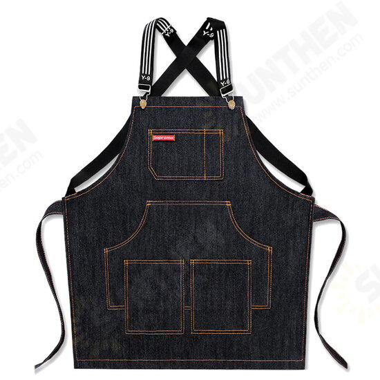 Denim Kitchen Cooking Apron Adjustable Cotton Strap Large Pockets Blue Barista Men and Women Homewear