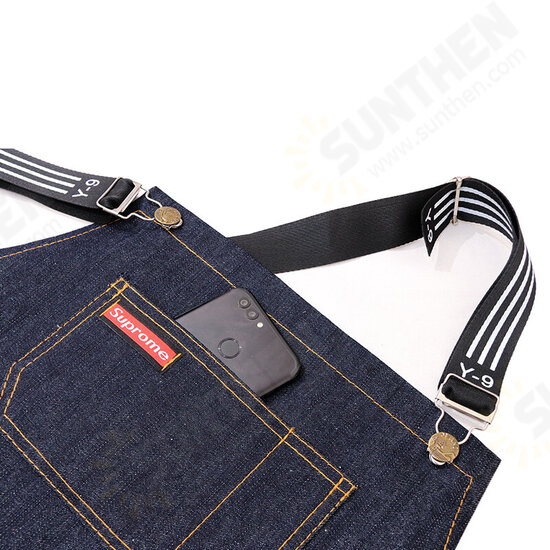 Denim Kitchen Cooking Apron Adjustable Cotton Strap Large Pockets Blue Barista Men and Women Homewear Denim Kitchen Cooking Apron Adjustable Cotton Strap Large Pockets Blue Barista Men and Women Homewear