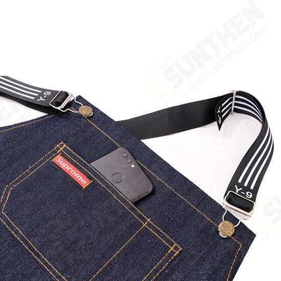 Denim Kitchen Cooking Apron Adjustable Cotton Strap Large Pockets Blue Barista Men and Women Homewear